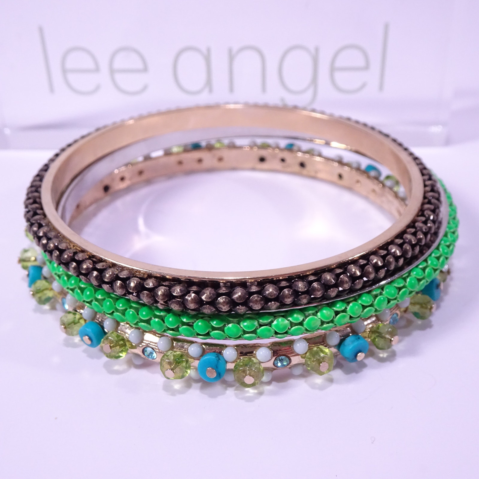Lee Angel Turq White Bead Green Enamel Mesh Brass Bangle Bracelet Nwt 198